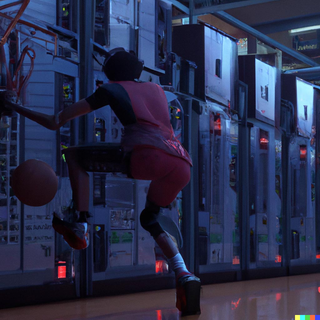 DALL·E prompt: A basketball player dribbling a basketball viewed from behind in between data server racks, Spider-Man_ Into the Spiderverse (2018)